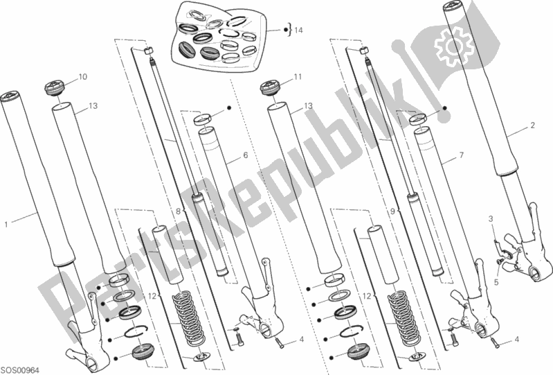 All parts for the Front Fork of the Ducati Hypermotard 950 USA 2020